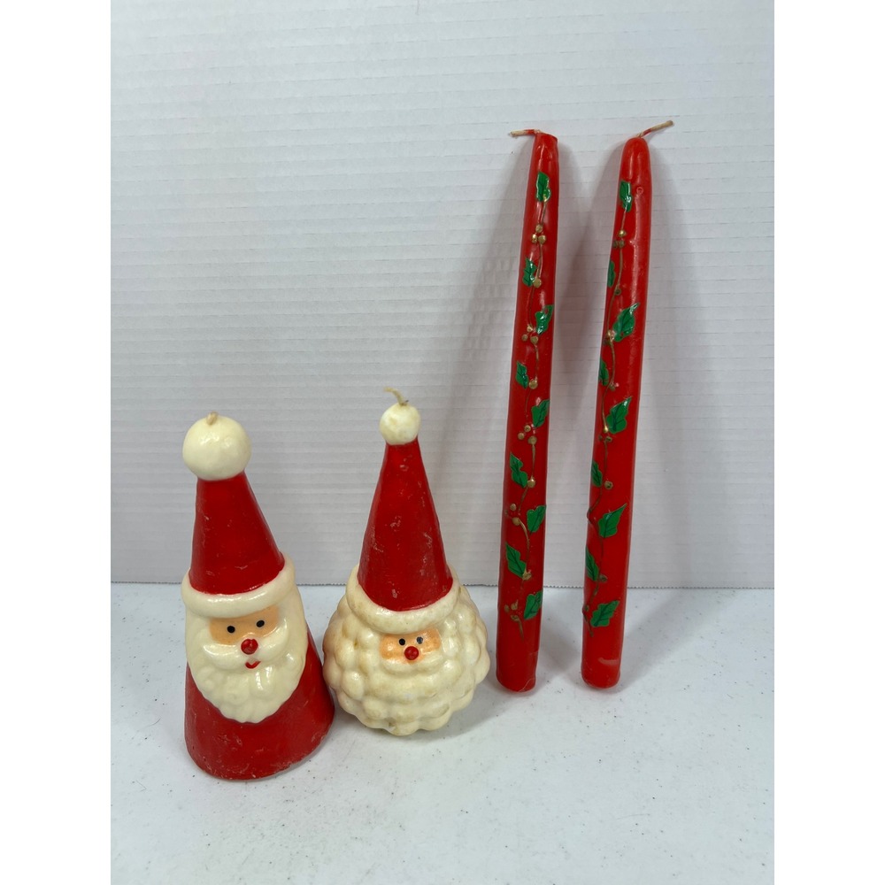 Vintage Santa Claus Christmas Candle Set Red Taper Holly Berry Decor 4 Piece